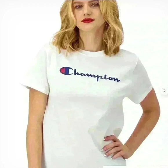 Champion Classic T-Shirt, Women’s Size Medium, White with Navy Blue Script Logo - Picture 10 of 12